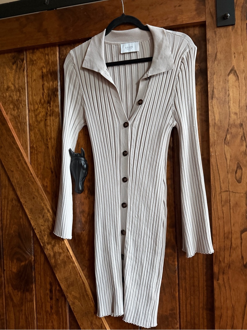 L'AGENCE Beige Ribbed Long Sleeve Button-Front Dress